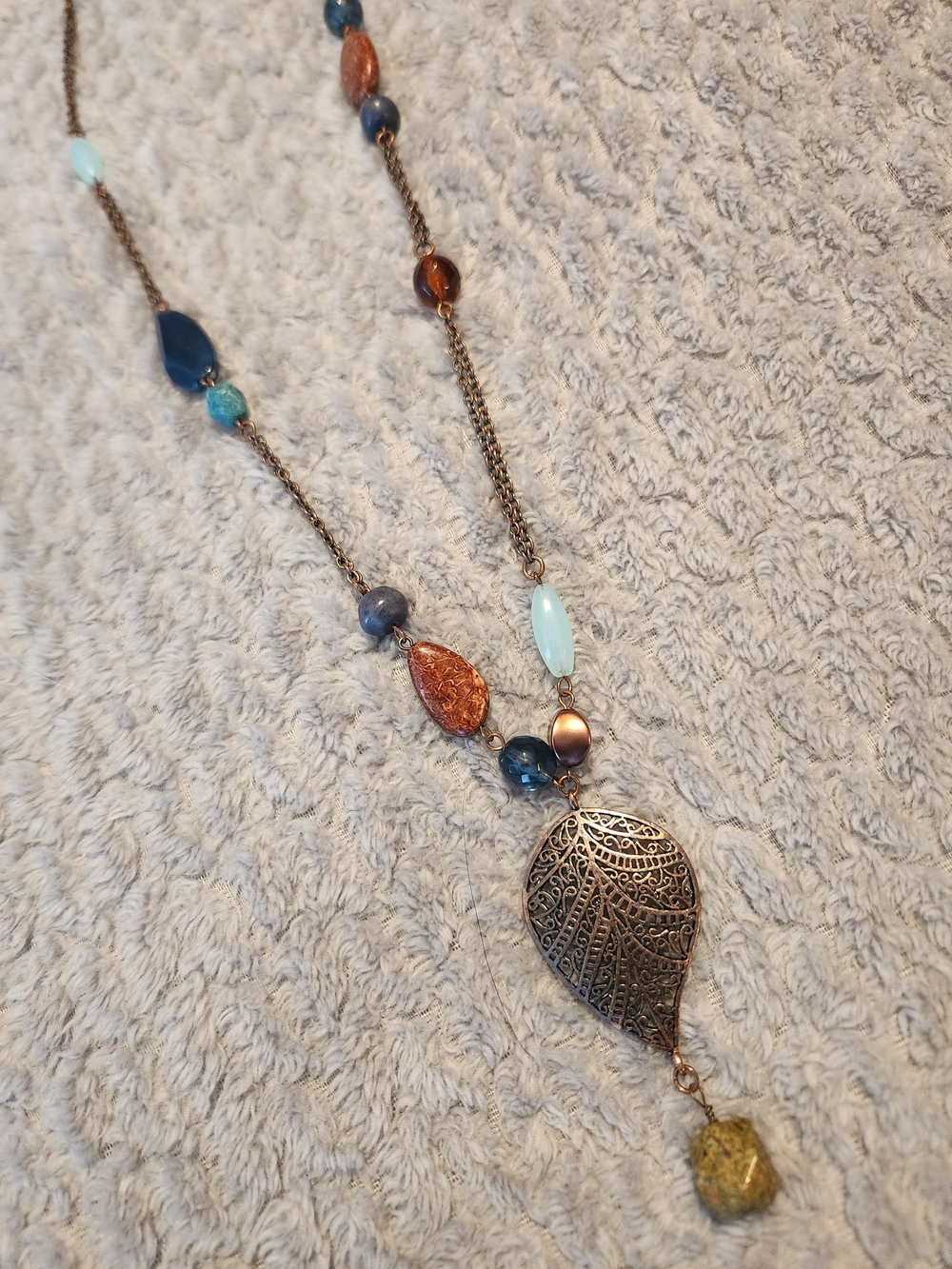 Boho Leaf Pendant Long Necklace in Blue and Copper